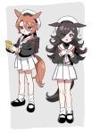  2girls animal_ears black_shirt blue_eyes border brown_hair full_body game_boy grey_background hair_between_eyes hair_over_one_eye hakinikui_kutsu_no_mise handheld_game_console hat holding horse_ears horse_girl horse_tail kneehighs long_hair mary_janes multiple_girls narita_taishin_(umamusume) pleated_skirt rice_shower_(umamusume) sailor_collar sailor_hat school_uniform serafuku shirt shoes short_hair skirt standing tail tomoeda_elementary_school_uniform two-tone_background umamusume violet_eyes white_border white_headwear white_legwear white_sailor_collar white_skirt 