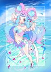 1girl blue_eyes blue_hair blue_sky clouds cure_la_mer day full_body laura_la_mer long_hair looking_at_viewer magical_girl midriff multicolored_hair navel ocean open_mouth pink_eyes pink_hair precure rumo sky smile solo tropical-rouge!_precure