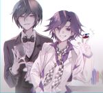  2boys bangs black_bow black_hair black_jacket blush bow bowtie brown_hair checkered checkered_neckwear commentary_request cup dangan_ronpa_(series) dangan_ronpa_10th_anniversary_costume dangan_ronpa_v3:_killing_harmony grey_background grin half-closed_eyes hand_in_pocket hand_up highres jacket jey_(j3y) male_focus multiple_boys ouma_kokichi parted_lips poker_chip purple_hair purple_shirt saihara_shuuichi shirt short_hair simple_background smile teeth upper_body vest violet_eyes white_jacket white_vest yellow_eyes 