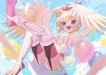  1girl animal_feet balloon bangs bare_shoulders black_legwear blonde_hair blue_eyes blush breasts claws clothing_cutout commentary_request dress eyebrows_visible_through_hair flying hair_between_eyes hair_ribbon harpy highres indie_virtual_youtuber leotard mavia_(vtuber) monster_girl navel_cutout pink_legwear pink_ribbon pleated_skirt ribbon skirt sky sleeveless small_breasts solo stirrup_legwear talons thigh-highs toeless_legwear uchako virtual_youtuber white_dress white_feathers white_leotard white_wings winged_arms wings 