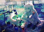  1girl armband black_footwear black_shorts blue_eyes blurry blurry_background can cat eyepatch facing_viewer long_hair original outdoors puddle shirt shorts squatting thigh_strap white_cat white_hair windworker 