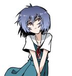  1girl arms_between_legs ayanami_rei blue_hair commentary looking_at_viewer multicolored multicolored_clothes neon_genesis_evangelion red_eyes red_ribbon ribbon sasihmi school_uniform short_hair simple_background tagme white_background 