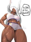  1girl absurdres animal_ears bare_shoulders boku_no_hero_academia breasts cowboy_shot crop_top dabomdidangdigi dark-skinned_female dark_skin english_text from_below hand_on_hip highres large_breasts long_eyelashes long_hair mirko muscular muscular_female open_mouth rabbit_ears rabbit_girl shorts signature simple_background speech_bubble superhero sweat thick_thighs thighs toned white_background white_hair white_shorts 