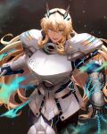  1girl absurdres armor bangs blonde_hair breastplate breasts chain fairy_knight_gawain_(fate) fate/grand_order fate_(series) faulds gauntlets greaves green_eyes highres horns kankitsurui_(house_of_citrus) large_breasts long_hair looking_at_viewer open_mouth pauldrons shoulder_armor solo sword thighs weapon 