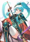 1girl alternate_costume alternate_hairstyle animal aqua_eyes aqua_hair armor armored_boots bangs blush boots brown_gloves cape commentary_request cosplay earrings eirika_(fire_emblem) ephraim_(fire_emblem) ephraim_(fire_emblem)_(cosplay) eyebrows_visible_through_hair fire_emblem fire_emblem:_the_sacred_stones fire_emblem_heroes gauntlets gloves hair_between_eyes hair_ornament high_ponytail highres holding holding_polearm holding_spear holding_weapon horse horseback_riding jewelry lips long_hair looking_at_viewer miniskirt nakabayashi_zun official_alternate_costume parted_lips polearm ponytail riding shoulder_armor sidelocks skirt smile spear teeth thigh-highs thighs weapon white_background white_legwear white_skirt 