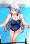 1girl absurdres bangs breasts closed_mouth competition_swimsuit fu_hua fu_hua_(herrscher_of_sentience) hair_between_eyes highres honkai_(series) honkai_impact_3rd lion_space long_hair looking_at_viewer multicolored_hair nail_polish one-piece_swimsuit pool red_eyes red_nails small_breasts solo streaked_hair swimsuit water white_hair 