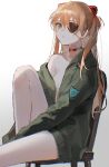  1girl absurdres bangs bare_shoulders black_eyepatch blue_eyes brown_hair chair collar collarbone commentary eyepatch green_jacket hair_between_eyes hair_ornament highres jacket leg_up long_hair long_sleeves looking_at_viewer naked_jacket neon_genesis_evangelion oyuyu parted_lips simple_background sitting solo souryuu_asuka_langley two_side_up white_background 