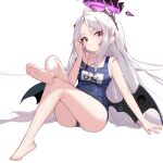  1girl ahoge bangs blue_archive blush crossed_legs demon_horns demon_wings feet halo highres hina_(blue_archive) horns long_hair looking_to_the_side multiple_horns old_school_swimsuit parted_bangs prossss purple_horns school_swimsuit sitting solo strap_slip swimsuit violet_eyes white_background white_hair wings 