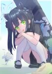  animal_ears black_hair blue_archive commentary_request fleeing green_eyes hair_ornament halo looking_at_viewer nakashige_shunsuke open_mouth saya_(blue_archive) shoes shun_(blue_archive) sitting thigh-highs weapon_case white_legwear younger 
