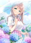  1girl ancotaku bangs blue_flower blurry blurry_background bow braid breasts brown_hair collared_shirt commentary_request depth_of_field dress_shirt eyebrows_visible_through_hair eyes_visible_through_hair flower green_eyes hair_flower hair_ornament highres holding holding_umbrella hydrangea long_hair medium_breasts original pink_bow pink_flower pink_skirt pleated_skirt purple_flower rainbow shirt short_sleeves skirt solo transparent transparent_umbrella umbrella white_shirt 