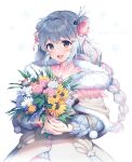  1girl :d aqua_hair bangs bouquet braid brown_eyes character_name commentary copyright_request double_bun english_commentary flower fur_trim hair_bun hair_intakes hair_ornament highres holding holding_bouquet long_hair looking_at_viewer multicolored_hair open_mouth pink_hair satchely seru_kisen smile solo two-tone_hair upper_body virtual_youtuber 
