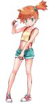  1girl aqua_eyes aqua_shorts bare_arms bare_shoulders breasts closed_mouth collarbone crop_top eyebrows_visible_through_hair full_body holding holding_poke_ball legs_apart misty_(pokemon) navel orange_hair poke_ball poke_ball_(basic) pokemon pokemon_(anime) pokemon_(classic_anime) shirt shoelaces shoes short_hair shorts side_ponytail simple_background small_breasts smile sneakers solo standing suspender_shorts suspenders suzuki24 tank_top white_background yellow_shirt 