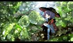  1girl boots bowl bowl_hat closed_eyes crossed_legs droplet grin hand_on_own_chin hat japanese_clothes kimono leaf long_sleeves minigirl outdoors pink_hair short_hair smile solo sukuna_shinmyoumaru touhou waist_bow yt_(wai-tei) 