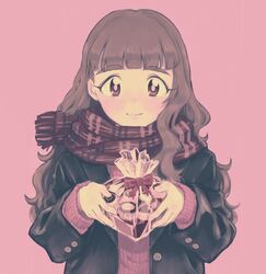  1girl absurdres bangs black_jacket blunt_bangs blush brown_hair cookie food gift highres holding holding_gift idolmaster idolmaster_cinderella_girls jacket kamiya_nao long_hair red_background scarf shikariyo simple_background smile solo striped striped_sweater sweater thick_eyebrows upper_body wavy_hair 