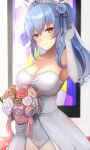  1girl blue_hair bouquet bride claire_rieveldt dress eiyuu_densetsu flower ponytail sen_no_kiseki wedding_dress white_dress 