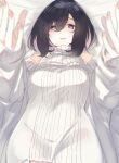  1girl bare_shoulders black_hair blurry blurry_foreground blush colored_inner_hair copyright_request depth_of_field hair_between_eyes hands_up looking_at_viewer lying multicolored_hair nekoume on_back parted_lips pink_hair ribbed_sweater smile solo sweater violet_eyes white_sweater 