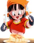  1girl :d bandana black_eyes black_gloves black_hair dragon_ball dragon_ball_gt fingerless_gloves food fork gloves happy holding holding_fork holding_spoon open_mouth pan_(dragon_ball) plate red_shirt rom_(20) shirt smile solo spoon t-shirt upper_body 