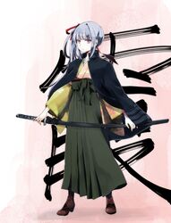  1girl alternate_costume boots brown_eyes brown_footwear cross-laced_footwear full_body green_hakama grey_hair hair_ribbon hakama highres holding holding_sword holding_weapon japanese_clothes kantai_collection kasumi_(kancolle) katana kimono long_hair milooou red_ribbon ribbon sheath sheathed side_ponytail solo standing sword weapon yellow_kimono 