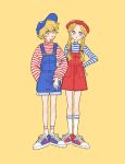  2girls baseball_cap blonde_hair blue_eyes blue_headwear blue_nails blue_overalls blue_shirt braid bubble character_request color_coordination hand_on_hip hat highres locked_arms long_sleeves matching_outfit multiple_girls nail_color_coordination outfit_coordination overall_shorts overall_skirt overalls red_headwear red_lips red_nails red_overalls red_shirt rikuwo sanrio shirt shoes short_hair sneakers socks striped striped_legwear striped_shirt turtleneck twin_braids twintails white_shirt yellow_background 