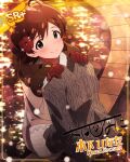 ahoge bangs blush boots brown_boots brown_hair brown_scarf character_name fountain gloves green_eyes hair_ornament idolmaster_million_live!_theater_days jacket kinoshita_hinata looking_at_viewer red_gloves scarf short_hair signature sitting smile sweater teddy_bear water white_skirt