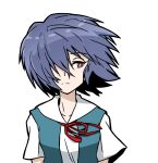  1girl ayanami_rei blue_hair commentary hair_blowing looking_to_the_side neon_genesis_evangelion red_eyes red_ribbon ribbon sasihmi school_uniform short_hair simple_background tagme upper_body white_background wind 