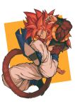  abs absurdres bangs bare_arms bare_pectorals biceps black_footwear blue_eyes dragon_ball dragon_ball_gt fusion gogeta highres large_pectorals male_focus metamoran_vest monkey_boy monkey_tail muscular muscular_male obi pants pectorals red_fur redhead relio_db318 sash super_saiyan super_saiyan_4 tail white_pants 