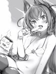  1girl animal_ears bikini blush breasts copyright_request covered_nipples food greyscale head_tilt highres long_hair looking_at_viewer monochrome nanashi_(nlo) navel popsicle pudding small_breasts solo sweat swimsuit thigh-highs 