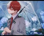  1boy bangs blue_eyes blue_flower boku_no_hero_academia burn_scar collared_shirt commentary_request flower from_side grey_eyes heterochromia highres holding holding_umbrella letterboxed long_sleeves male_focus multicolored_hair noizu_(noi_hr) open_mouth outdoors red_neckwear redhead scar school_uniform shirt short_hair snail snail_shell solo todoroki_shouto transparent transparent_umbrella tree two-tone_hair u.a._school_uniform umbrella upper_body white_hair white_shirt 