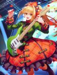  1girl absurdres ahoge bangs blonde_hair braid breasts fate/extra fate/grand_order fate_(series) french_braid green_eyes green_shirt guitar hair_between_eyes hair_intakes hair_ornament highres instrument kankitsurui_(house_of_citrus) large_breasts long_hair long_sleeves looking_at_viewer lostroom_outfit_(fate) nero_claudius_(fate) nero_claudius_(fate/extra) open_mouth orange_skirt petals plectrum shirt side_ponytail skirt smile solo 