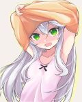  1girl armpits arms_up blush camisole clothes_lift green_eyes highres jinxerox lifted_by_self long_hair open_mouth orange_shirt original shirt shirt_lift silver_hair smile solo undressing upper_body white_camisole 