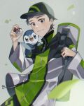  1boy andou_(miura_kon) bag bangs baseball_cap black_hair black_headwear closed_mouth commentary_request gen_4_pokemon grey_eyes hat holding holding_poke_ball holding_strap jacket long_sleeves lucas_(pokemon) male_focus on_shoulder piplup poke_ball poke_ball_(basic) pokemon pokemon_(creature) pokemon_(game) pokemon_bdsp pokemon_on_shoulder short_hair smile zipper_pull_tab 