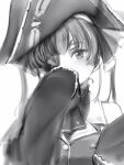  1girl bicorne bow eyepatch greyscale hair_bow hand_up hat highres hololive houshou_marine jacket long_sleeves looking_at_viewer monochrome nanashi_(nlo) one_eye_covered pirate_hat simple_background solo twintails white_background 