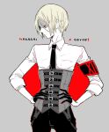  1boy awara_kayu bangs black_armband black_gloves black_neckwear black_pants blonde_hair character_name closed_mouth commentary_request corset gloves grey_background half_gloves hands_on_hips long_sleeves looking_to_the_side male_focus nakarai_keijin necktie pale_skin pants parted_bangs red_armband red_background shirt short_hair simple_background solo tokyo_ghoul tokyo_ghoul:re 