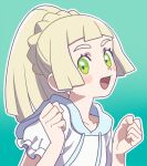  1girl :d bangs blonde_hair blush braid clenched_hands commentary_request crown_braid eyelashes green_background green_eyes hands_up happy lillie_(pokemon) long_hair looking_at_viewer open_mouth outline pokemon pokemon_(game) pokemon_sm ponytail sailor_collar shirt short_sleeves simple_background smile solo tebaoh tongue upper_body white_shirt 
