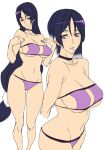  1girl ashiomi_masato bare_shoulders breasts collarbone fate/grand_order fate_(series) large_breasts long_hair looking_at_viewer minamoto_no_raikou_(fate) navel purple_hair simple_background smile solo swimsuit very_long_hair violet_eyes white_background 