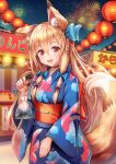  1girl animal_ear_fluff animal_ears bag bagged_fish blonde_hair blue_kimono commentary_request festival fireworks fish fox_ears fox_girl fox_tail goldfish japanese_clothes kimono long_hair night obi original outdoors print_kimono red_eyes sakura_ani sash solo summer_festival tail very_long_hair yukata 