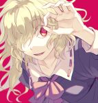  1girl blonde_hair bow collar dress long_hair maribel_hearn ok_sign open_mouth purple_bow purple_dress purple_neckwear re_ghotion red_background red_eyes solo solo_focus source_request touhou white_collar 