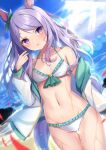  1girl absurdres amahara_pekozaemon animal_ears bikini blush collarbone day groin highres horse_ears horse_girl horse_tail jacket long_hair long_sleeves mejiro_mcqueen_(umamusume) navel ocean open_clothes open_jacket open_mouth purple_hair shore solo swimsuit tail umamusume violet_eyes wet white_bikini white_jacket 