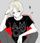  1boy awara_kayu bangs black_shirt blonde_hair commentary_request feathers grey_background hand_in_hair hand_up knees_up long_sleeves male_focus nakarai_keijin pants parted_bangs red_background shirt short_hair short_sleeves simple_background sitting solo suzuya_juuzou t-shirt tokyo_ghoul tokyo_ghoul:re 