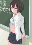  1girl black_hair bra brown_eyes chalkboard meow_(nekodenki) navel open_clothes open_shirt original pleated_skirt polka_dot polka_dot_bra school_uniform short_hair skirt solo translated underwear 