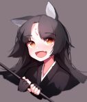  1girl :d absurdres animal_ears arknights beudelb black_gloves black_hair black_shirt commentary cropped_torso dog_ears eyebrows_visible_through_hair facial_mark fang fingerless_gloves forehead_mark gloves grey_background highres holding japanese_clothes korean_commentary long_hair looking_at_viewer open_mouth portrait saga_(arknights) shirt simple_background skin_fang smile solo yellow_eyes 