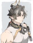  1boy absurdres arknights armor chong_yue_(arknights) closed_mouth commentary_request dragon_boy dragon_horns earrings grey_background grey_eyes grey_hair highres horns jewelry long_sleeves looking_at_viewer low_ponytail male_focus multicolored_eyes multicolored_hair okonon_(kado_colda) pauldrons pointy_ears red_eyes shoulder_armor simple_background single_pauldron sleeveless smile solo streaked_hair upper_body 