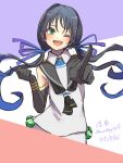  1girl black_gloves black_hair black_sailor_collar character_name commentary_request dated elbow_gloves gloves green_eyes highres kantai_collection long_hair looking_at_viewer low_twintails one-hour_drawing_challenge one_eye_closed open_mouth pointing ribbon round_teeth sailor_collar school_uniform serafuku sleeveless solo suzukaze_(kancolle) teeth twintails twitter_username umibudou upper_body upper_teeth 