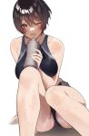 1girl black_hair black_swimsuit bottle breasts commentary_request hair_between_eyes holding holding_bottle large_breasts looking_at_viewer one-piece_swimsuit one_eye_closed open_mouth original short_hair simple_background sino42 sitting solo sweat swimsuit violet_eyes white_background 