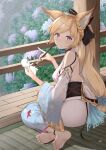  1girl animal_ears anklet armlet backless_outfit barefoot blonde_hair bow braid brush detached_sleeves doll flower garden ghost granblue_fantasy hair_bow hair_flower hair_ornament highres hisei japanese_clothes jewelry long_hair looking_at_viewer looking_back obi painting_(object) rain sash sitting smile soles tatami violet_eyes wide_sleeves wooden_floor yokozuwari yuisis_(granblue_fantasy) 