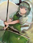  1girl absurdres bangs belt black_bow black_hairband black_neckwear blouse blue_eyes blush bob_cut bow bowtie brown_belt closed_mouth dual_wielding grass green_skirt green_vest hair_bow hairband highres holding holding_sword holding_weapon konpaku_youmu konpaku_youmu_(ghost) level2_sisters looking_at_viewer outdoors puffy_short_sleeves puffy_sleeves scabbard sheath short_hair short_sleeves silver_hair skirt sky solo sword touhou tree v-shaped_eyebrows vest weapon white_blouse 