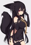  1girl animal_ear_fluff animal_ears bangs bare_shoulders black_dress black_gloves black_hair black_legwear breasts brown_neckwear collared_dress commentary_request covered_navel dress elbow_gloves eyebrows_visible_through_hair gloves grey_background hair_between_eyes hands_up heart highres large_breasts long_hair original parted_lips paryi red_eyes simple_background single_thighhigh sleeveless sleeveless_dress solo tail_raised thigh-highs very_long_hair 