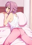  1girl :3 ass brown_eyes idolmaster idolmaster_cinderella_girls koshimizu_sachiko lying on_bed on_stomach pink_hair sakaki_imasato short_hair solo tank_top 