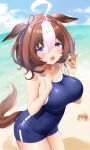  1girl @_@ ahoge animal_ears beach black_swimsuit blush breasts brown_hair collarbone cowboy_shot day hair_between_eyes highres holding horse_ears horse_girl horse_tail iwao_(pixiv258710) large_breasts meisho_doto_(umamusume) multicolored_hair ocean one-piece_swimsuit open_mouth seashell shell short_hair solo swimsuit tail two-tone_hair umamusume violet_eyes white_hair 