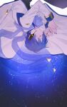  1boy black_shirt blue_hair blue_nails closed_eyes coat constellation hands_up headset highres kaito_(vocaloid) kaito_(vocaloid3) lying male_focus nail_polish night night_sky on_side parang_99 scarf shirt sky sleeping solo upper_body upside-down vocaloid 